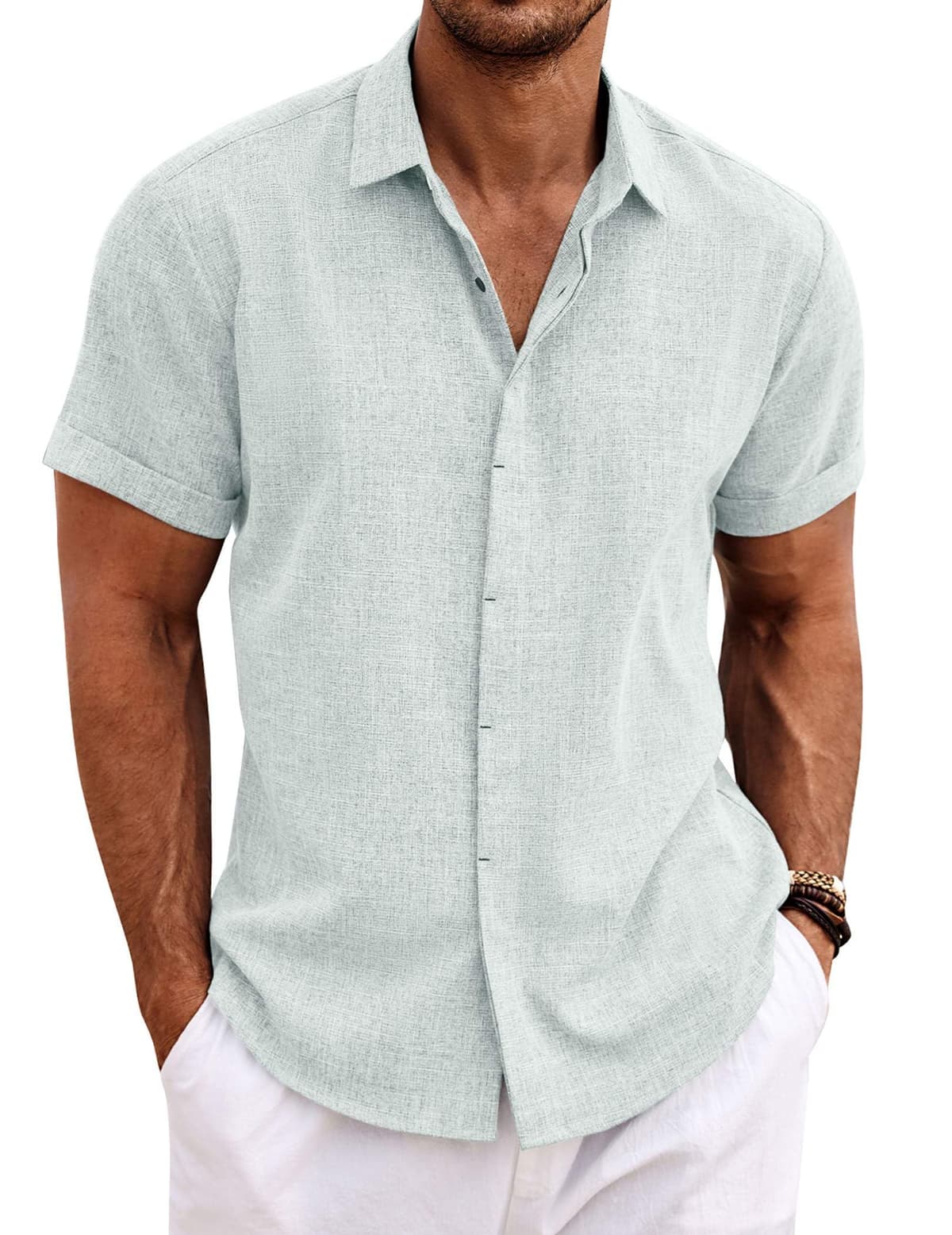 COOFANDY Men's Linen Shirts Short Sleeve Casual Shirts Button Down Shirt for Men Beach Summer Wedding Shirt — view 26