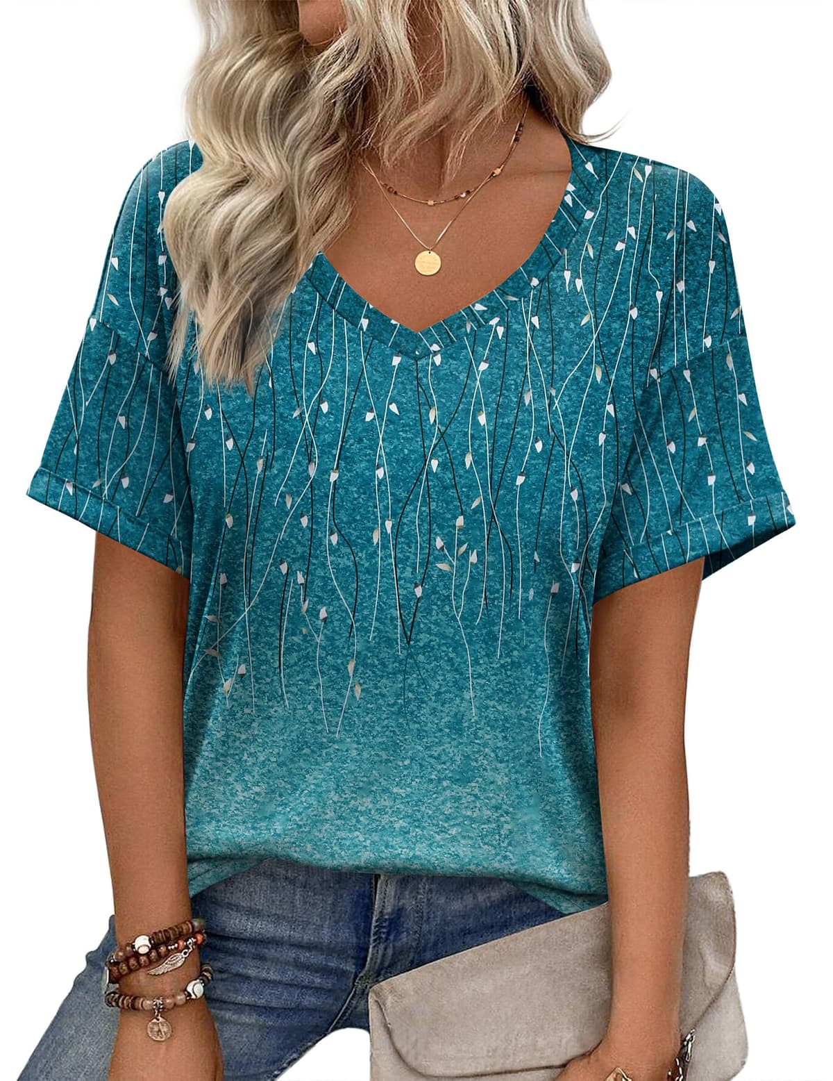 Zeagoo Camiseta básica de manga corta con cuello en V para mujer, para verano, informal, holgada, floral, blusa — view 12