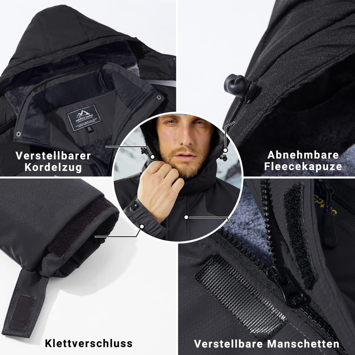 KEFITEVD Hombre Impermeables Lana Chaquetas Impermeables Esquí Cálidos Invierno Abrigos Térmicos Exteriores Abrigos con Capucha Desmontable — view 4