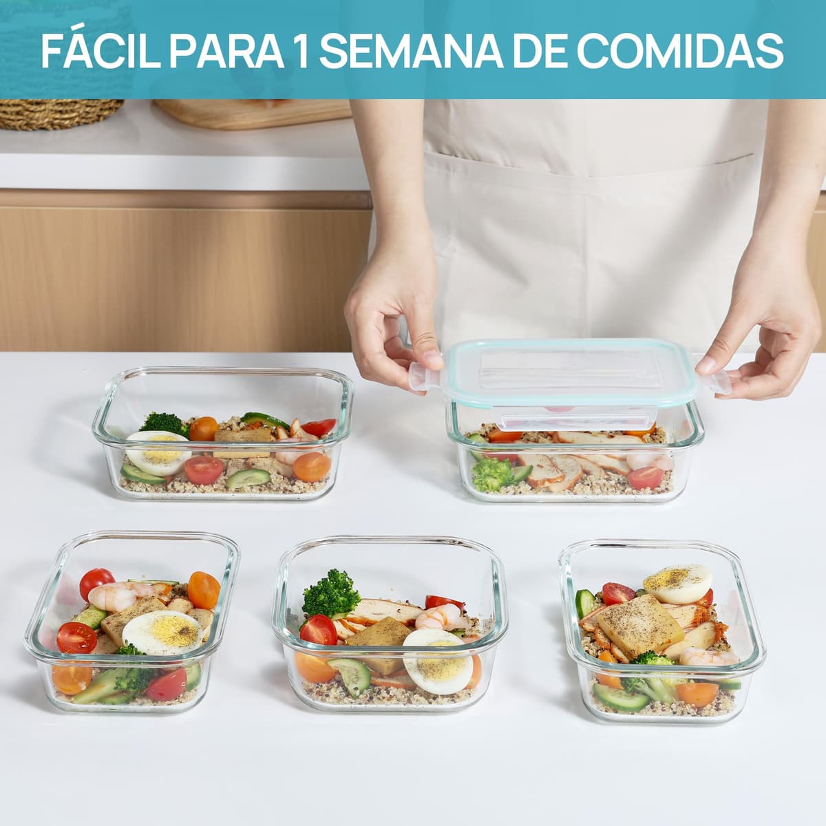 Vtopmart Set de 8 Unidades Recipientes de Cristal para Alimentos, Recipientes de Vidrio Hermeticos con Tapa, Reutilizables, Apilables, Apto Lavavajillas y Microondas,Libre de BPA — view 5