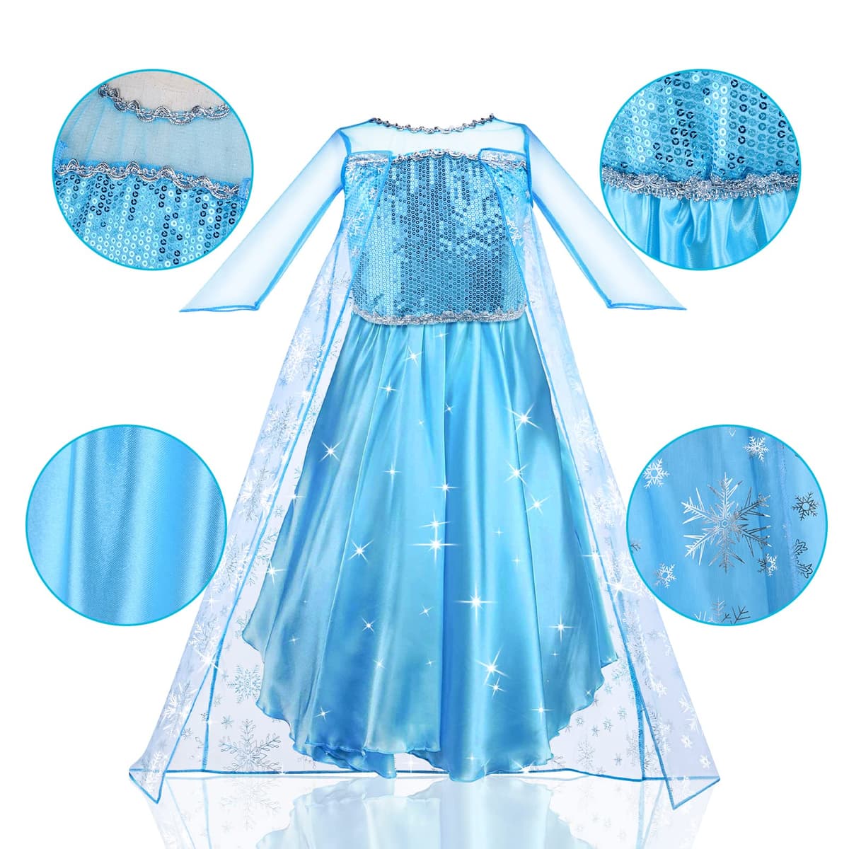 URAQT Vestidos Princesa, Disfraz de Princesa Niña con Accesorios, Traje Princesas Niñas con Capa de Copos de Nieve Brillantes, Disfraz de Halloween para Niña de Cosplay, Cumpleaños, Carnaval — view 3