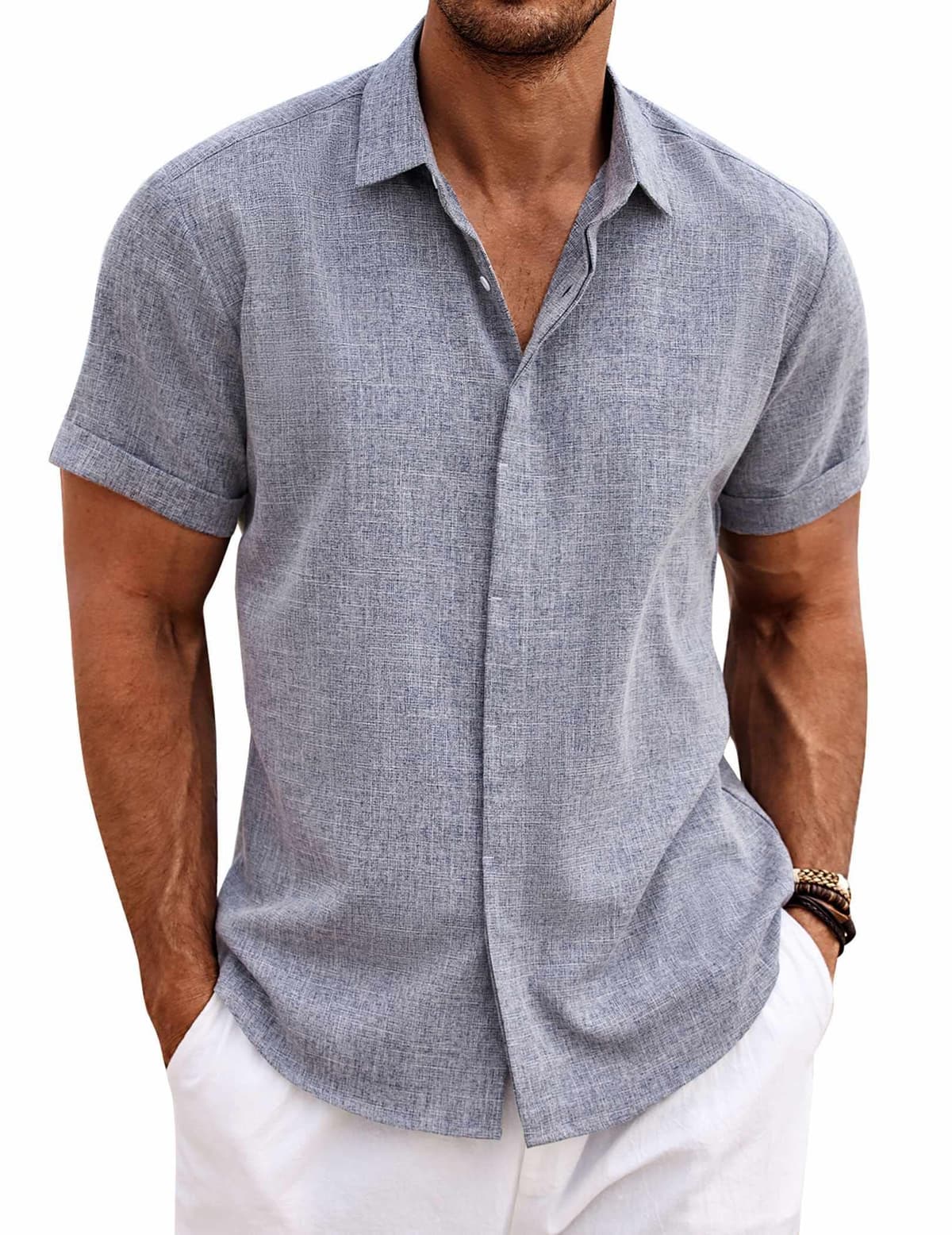 COOFANDY Men's Linen Shirts Short Sleeve Casual Shirts Button Down Shirt for Men Beach Summer Wedding Shirt — view 14