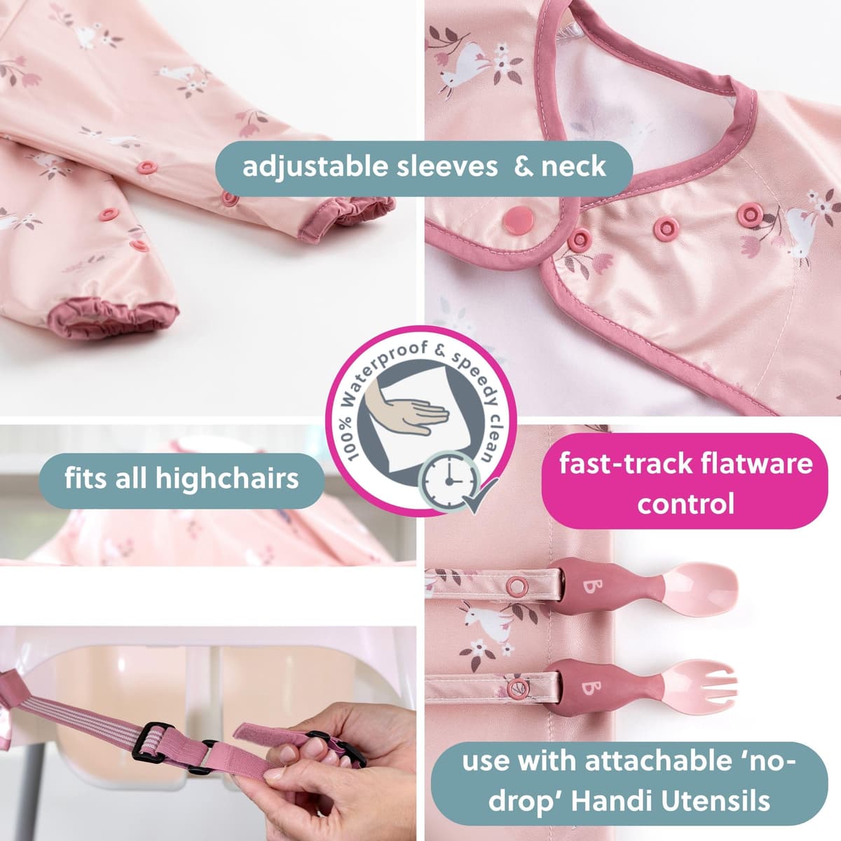 BIBaDO - Long Sleeve Baby Bibs - Babies & Toddlers 6-36 Months - Coverall Weaning Bib - Easy Wipe Clean & Soft Fabric - Attach to Highchair & Tables - Waterproof - Machine Washable — view 3