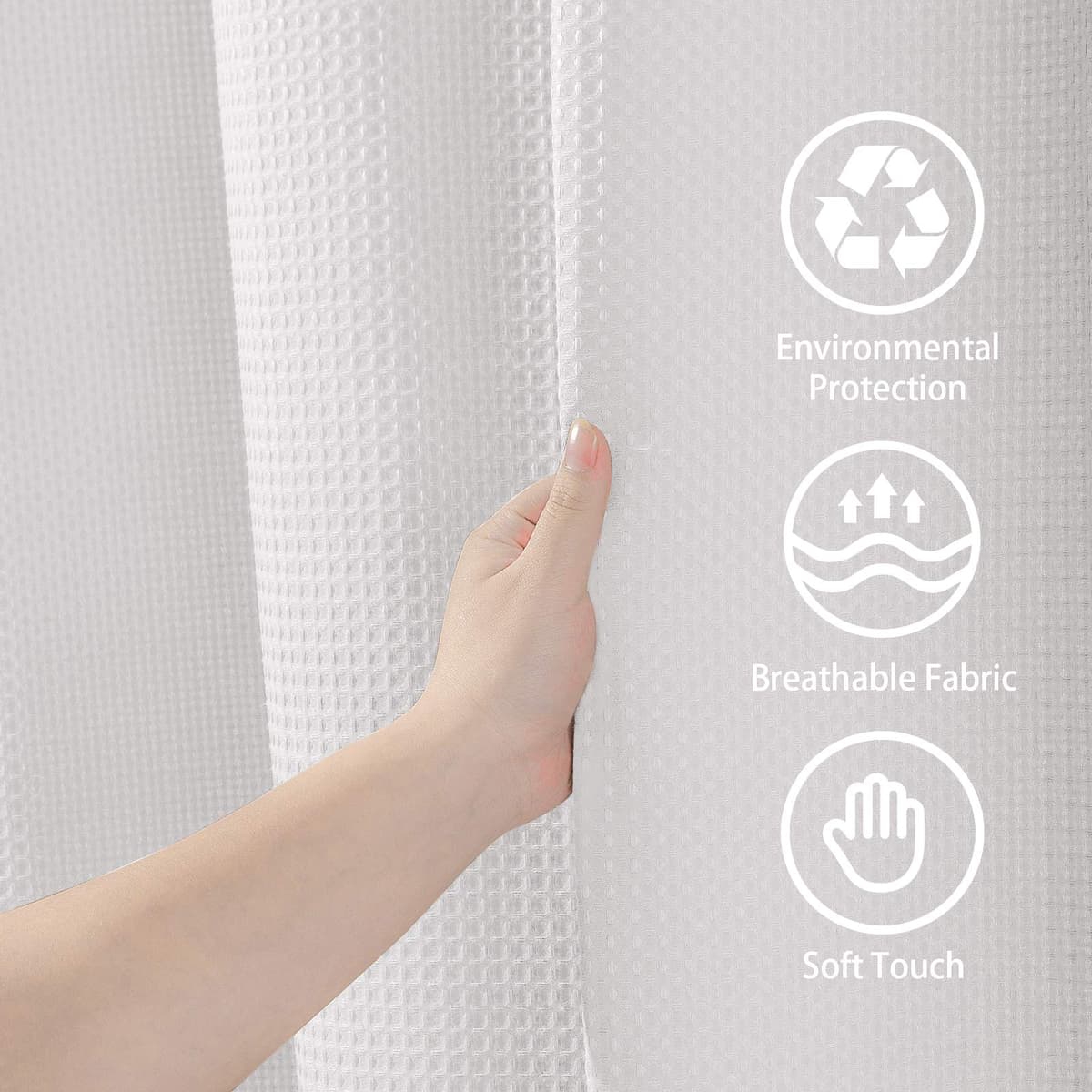 Cortina de Ducha para Baño Impermeable con Ganchos de Metal Cortina de Ducha de Tela Waffle Cortina de Baño Resistente y Antimoho para Bañera o Cabina - 152 x 182 cm (Blanco) — view 7