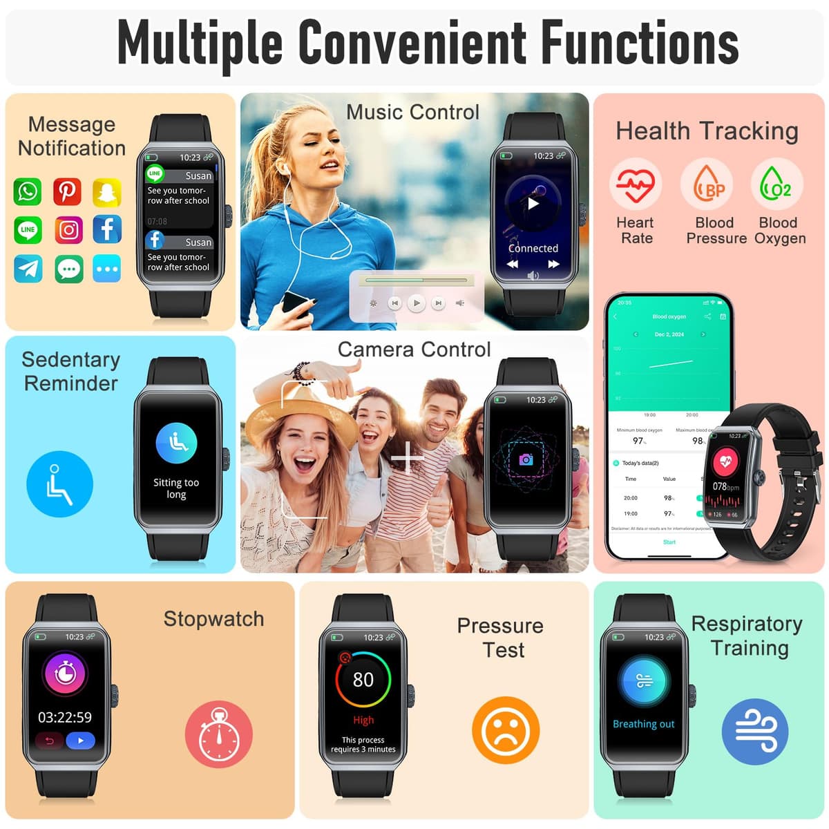 Fitness Tracker with 24/7 Heart Rate, Blood Pressure Blood Oxygen Sleep Monitor,103 Sports Modes Smart Watch IP68 Waterproof Activity Trackers, Step Counter Calories Pedometer for Women Men (Black) — view 2