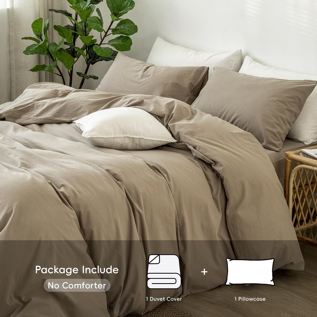 MooMee Bedding Duvet Cover Set 100% Washed Cotton Linen Like Textured Breathable Durable Soft Comfy (Tannish Linen Grey, King) — view 59