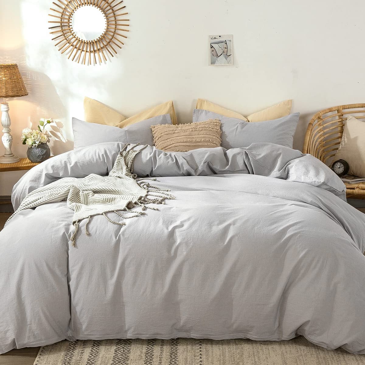 MooMee Bedding Duvet Cover Set 100% Washed Cotton Linen Like Textured Breathable Durable Soft Comfy (Tannish Linen Grey, King) — view 241