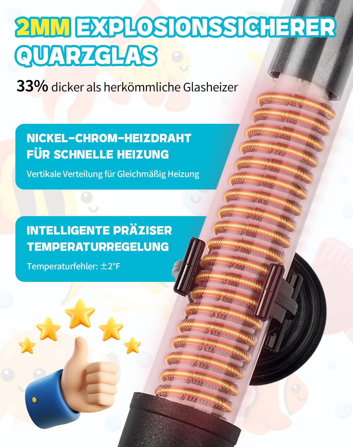 Calentador para Acuario 50W Sumergible Seguro con Termostato Ajustable - Vidrio de Cuarzo a Prueba de Explosiones, Control de Temperatura Preciso (20-34°C) para Peceras y Tanques de Tortugas 30-60 L — view 4