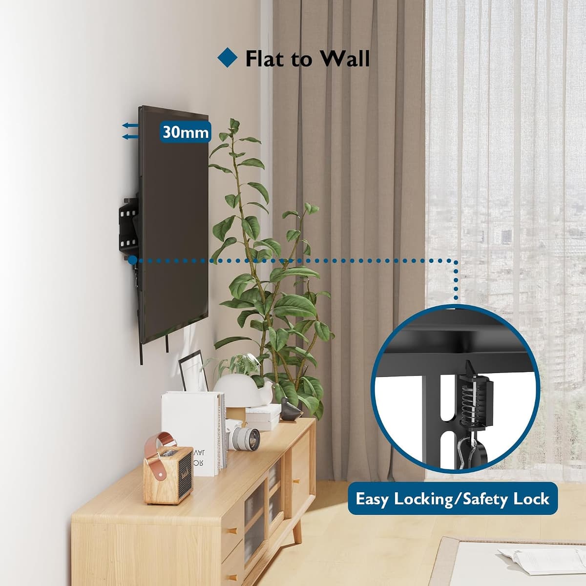 BONTEC Ultra Slim TV Wall Bracket, Tilting TV Wall Mount for 23-60 Inch Flat and Curved TVs, Low Profile Wall Mount 30mm from Wall, Universal TV Mount Holds 45kg, Max VESA 400x400mm, Secure Lock — view 4