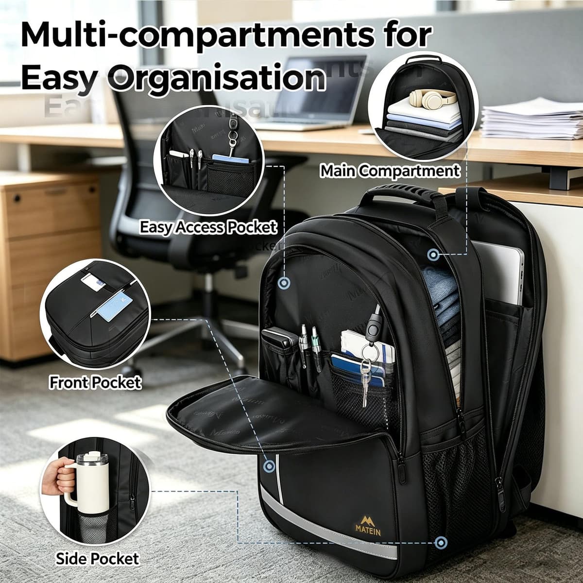 MATEIN Extra Large Backpack 55L, Work Backpack, Laptop Rucksack for Men Work, Large Rucksack with TSA Laptop Compartment, Spacious Capacity Fit for Office, Business Travel, Daily Use, Black — view 5