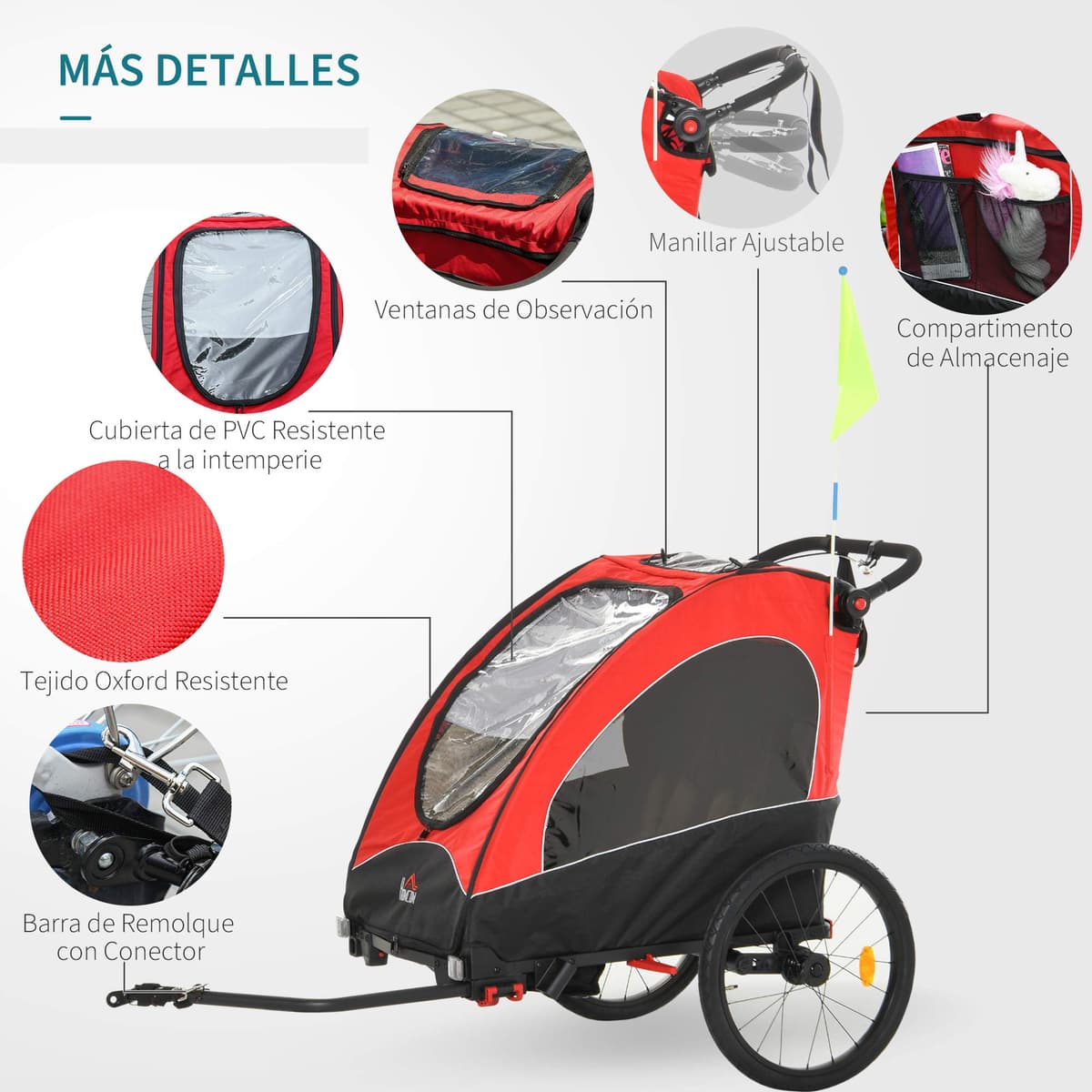 HOMCOM Remolque Infantil 3en1 para Bicicleta Carro de 2 Plazas para Niños de +6 Meses Plegable Ruedas Giratorias y Manillar Ajustable 150x85x107 cm — view 4