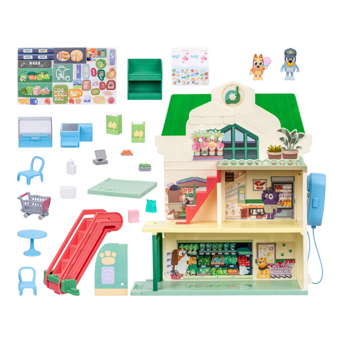 Bluey Supermarket Playset, 3 Different Levels With Exclusive Bluey and Bingo Figures. Includes Working Escalator, 24 Sounds and 15+ Play Pieces Plus Fun Intercom, Over 40cm (15") Tall. — view 6