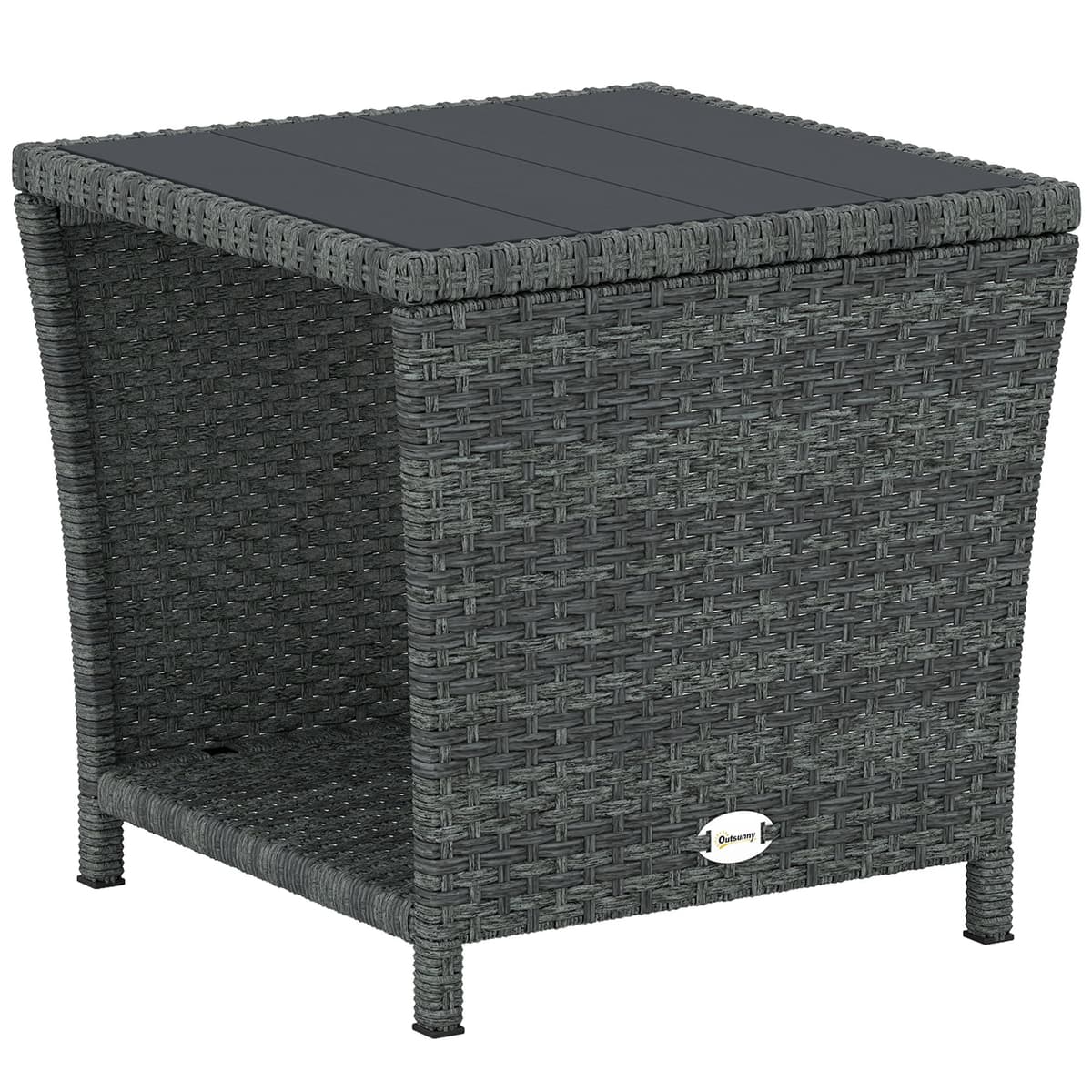 Outsunny 2-Tier PE Rattan Side Table with Storage Shelf, Square Outdoor Coffee Table with PS Wood Slat Top, UV-Resistant for Patio, Garden, Balcony, Grey