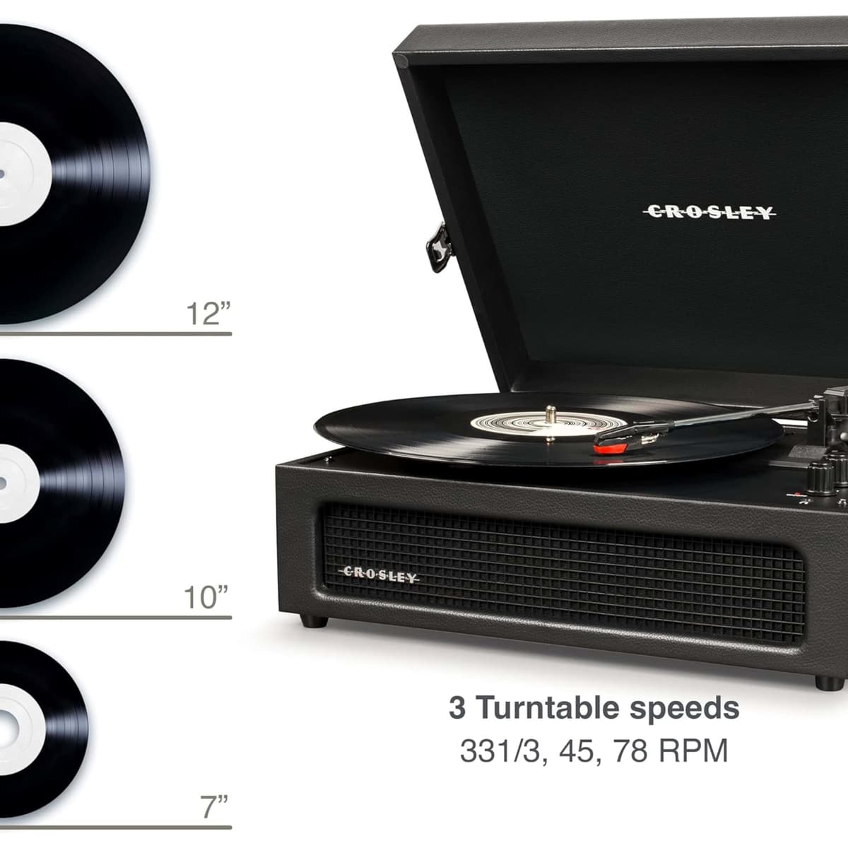 Crosley Voyager Portable Turntable - Bluetooth Record Player, 3-Speed Suitcase Vinyl Player, Home Turntables for Vinyl Records, Built in Stereo Speakers & Bluetooth Receiver, AUX Input, Black — view 3