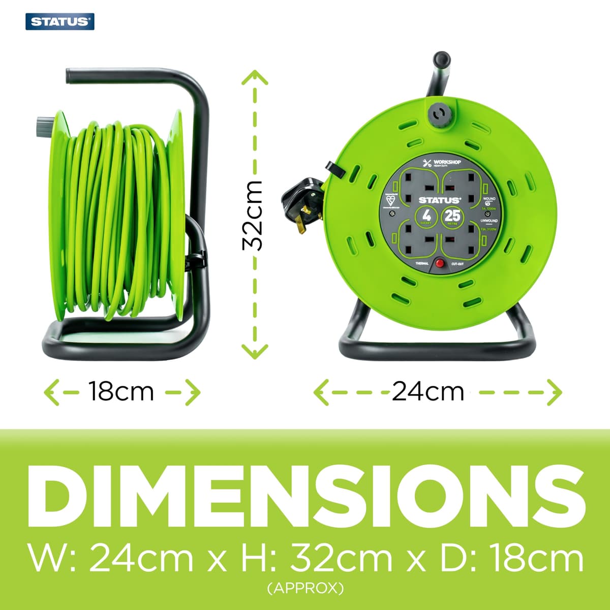 STATUS 4 Socket Cable Reel, 25m, Green, 13 Amp, Thermal Cut Out, Heavy Duty, Outdoor Extension Lead, Ideal for Garden, Workshop, DIY, Power Tools (S25M13ACR2) — view 2
