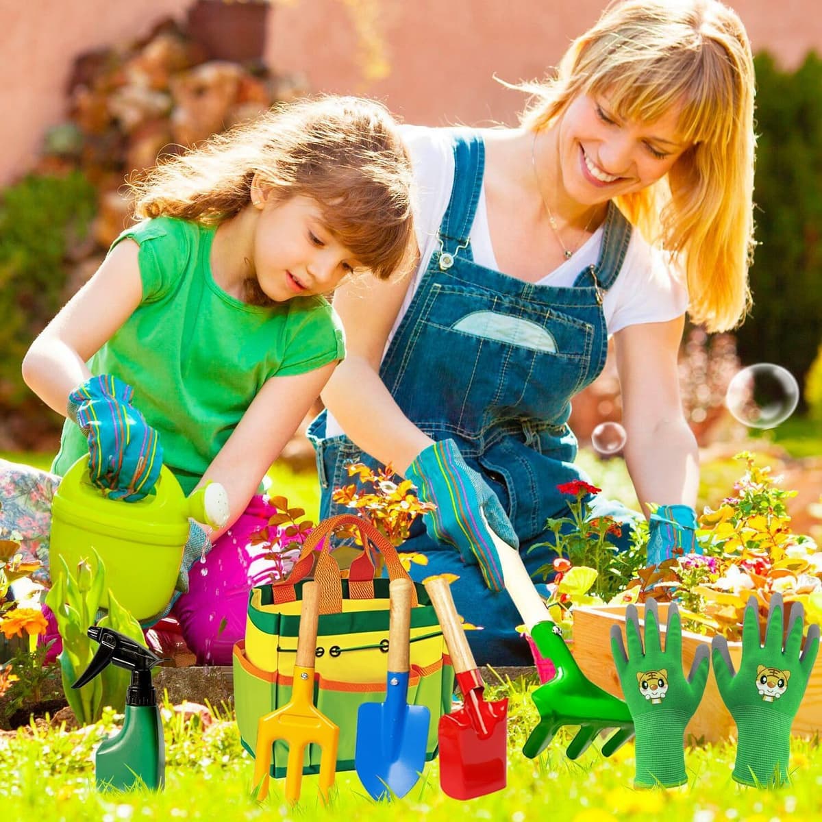 Kids Gardening Tools, Toddler Gardening Set for Kids Includes Rake, Shovel, Trowel, Apron Gloves Watering Can and Tote Bag, Spray Bottle, Kids Garden Tools Best Outdoor Toys Gift for Boys and Girls — view 2