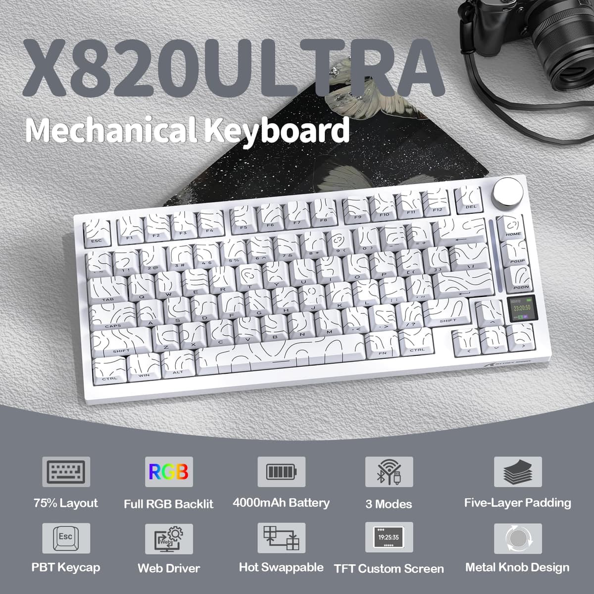 YINDIAO ATTACK SHARK X820 Ultra Teclado Mecánico Gasket con Pantalla TFT y Perilla, Diseño ANSI 75%, 2,4 GHz/BT/Cableado, 5 Espumas Insonorizantes, Hot Swap, para PC,MAC (Blanco, Interruptor Regalo) — view 2