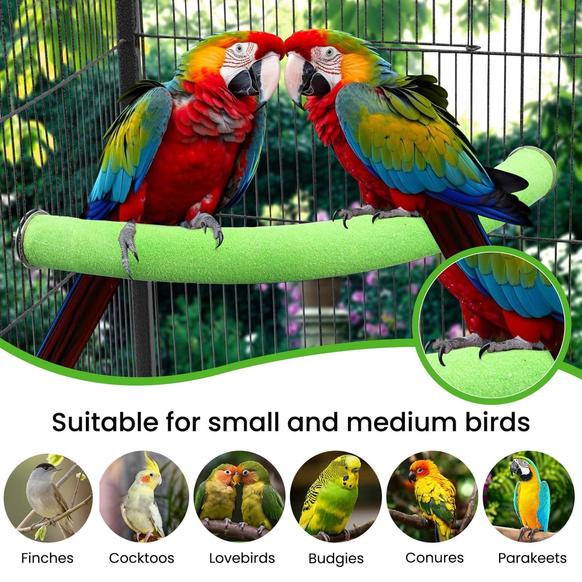 U Shape Parrot Perch Stand Pet Toy Bird Platform Sand Paw Grinding Clean Stick Cage Exercise Conure Budgie Cockatiel Accessories (Green Corner Large) — view 4
