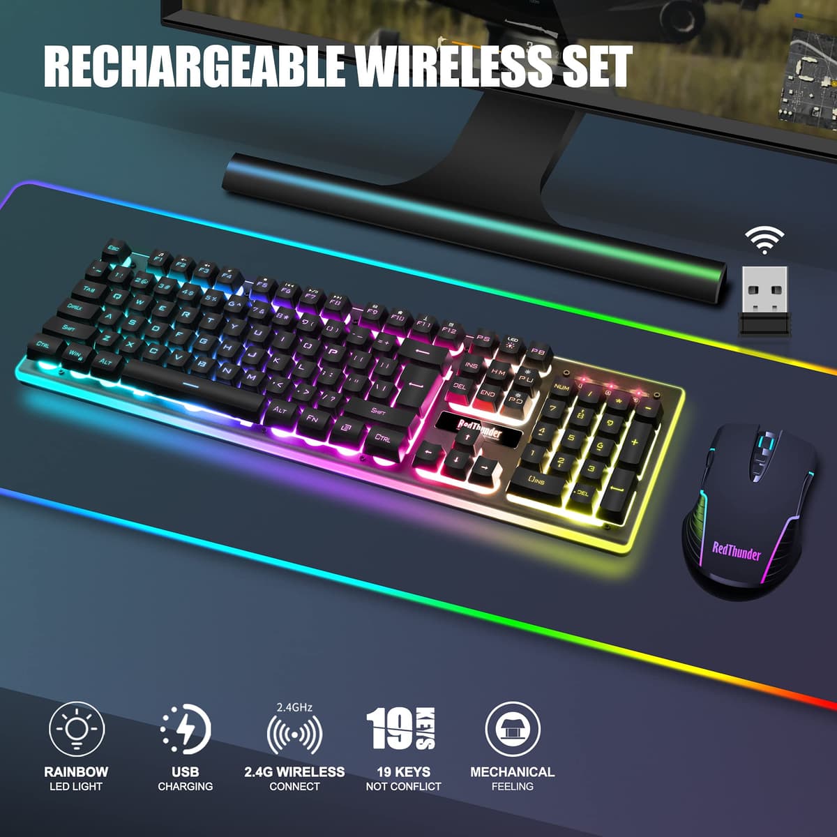 RedThunder K10 Wireless Gaming Keyboard and Mouse Combo, LED Backlit Rechargeable 3800mAh Battery, UK Layout Mechanical Feel Keyboard + 7D 3200DPI Mice for PC Gamer (Black) — view 2