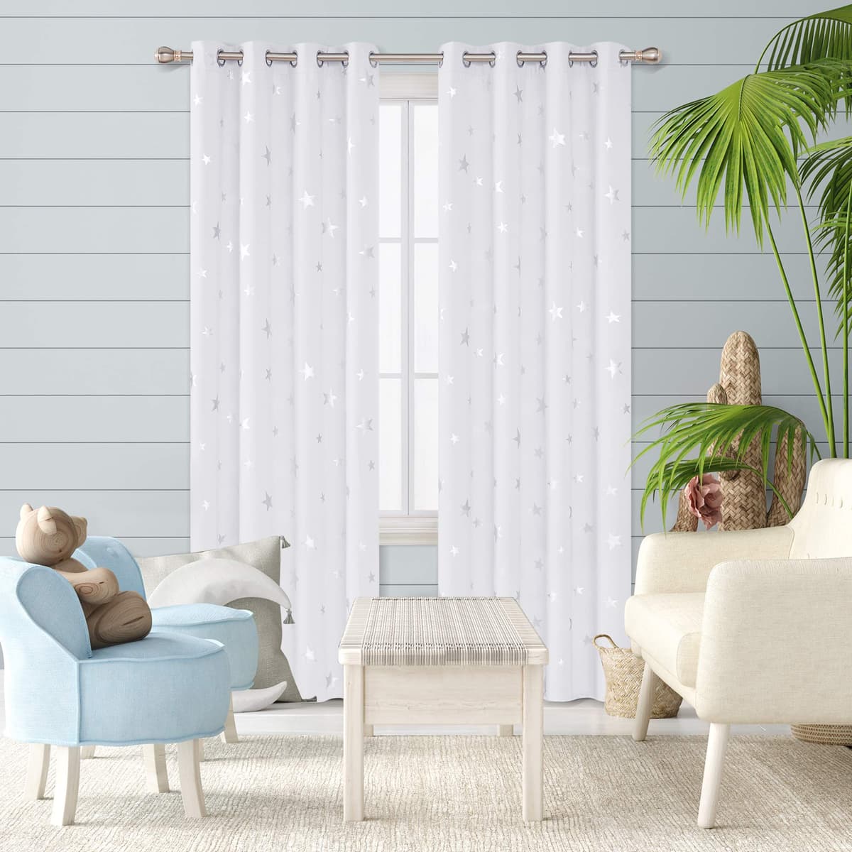 Deconovo Stars Foil Printed Thermal Insulated Curtains Eyelet Blackout Curtains for Nursery 46 x 72 Inch Silver Grey 1 Pair — view 2