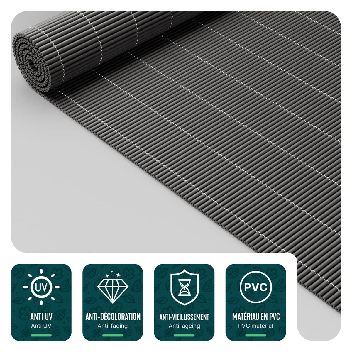 VOUNOT® Cañizo de PVC Imitación a Mimbre Cerramiento Mimbre Artificial en PVC Alta Durabilidad con Bridas Cañas Enteras de 7,5 mm Valla de Decoración Jardín Terraza Ocultación Exterior 1x3M Antracita — view 4