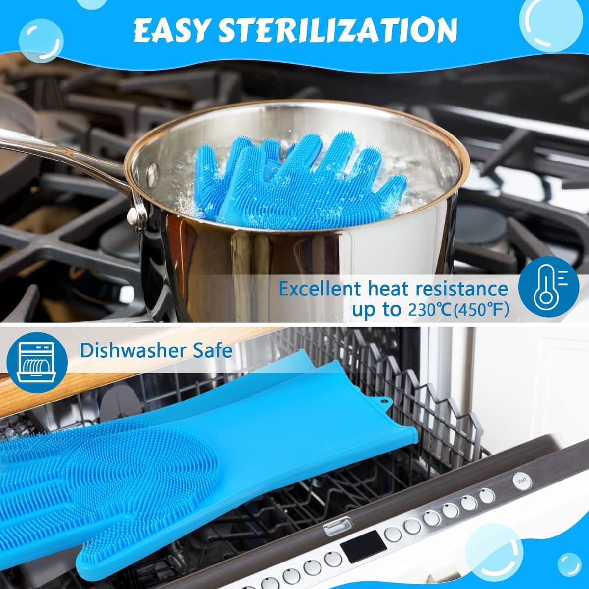 Pecute Pet Grooming Gloves - Heat Resistant Silicone Gloves with High-Density Teeth, Enhanced Five Finger Design for Bathing and Massaging Dogs and Cats, Blue — view 5