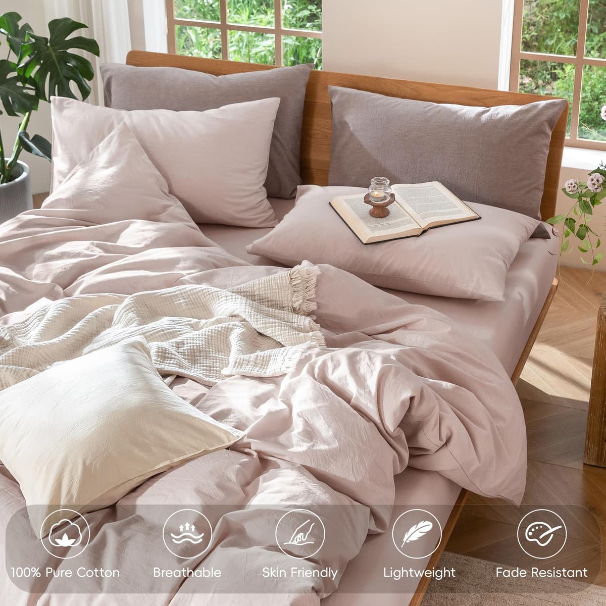 MooMee Bedding Duvet Cover Set 100% Washed Cotton Linen Like Textured Breathable Durable Soft Comfy (Tannish Linen Grey, King) — view 181