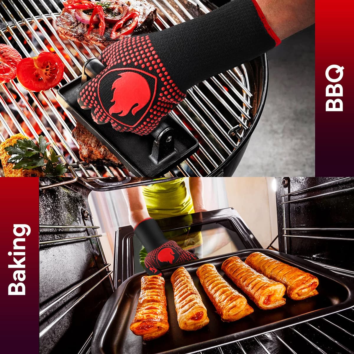 Guantes Barbacoa, Guantes para Horno Resistentes al Calor hasta 800℃ / 1472℉ para Cocina, Parrilla, Hornear, Microondas - certificación EN407(1 Par) (Rojo) — view 4