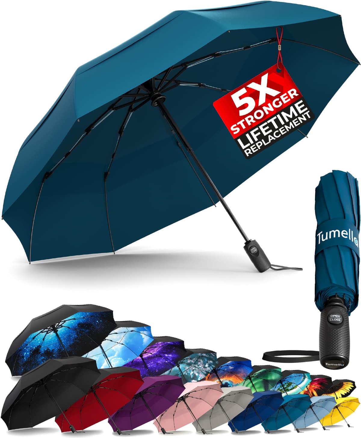 TUMELLA Strongest Windproof Travel Umbrella (Compact, Superior & Beautiful), Small Strong but Light Portable and Automatic Folding Rain Umbrella, Durable Premium Grip, Fits Car & Backpack Black — view 15