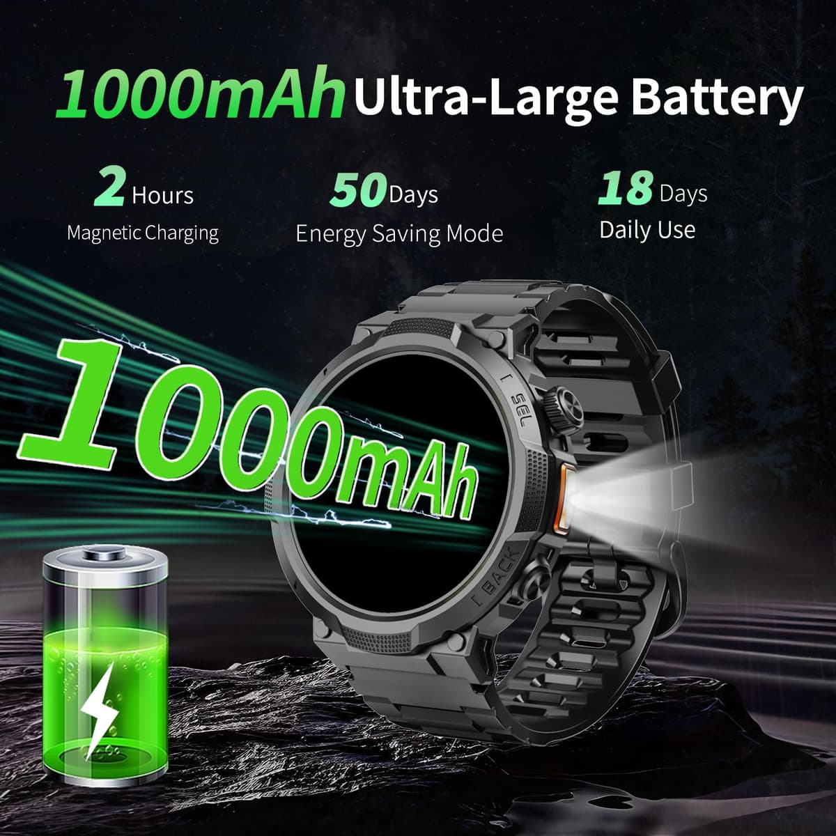 Smart Watches for Men (Answer/Make Call), 1.53" HD Military Smartwatch, 50+ Days Extra-Long Battery Life Fitness Watch , Flashlight/110+Sports/Heart Rate/Sleep Monitor/IP68 Waterproof Android iOS — view 4