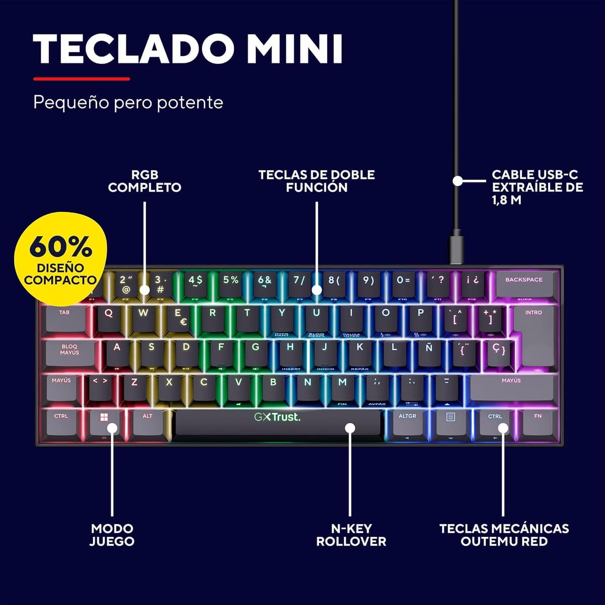 GXTrust 867 Acira Teclado Mecánico 60% Español QWERTY, Teclas de Doble Función, Iluminación RGB, Mini Teclado Gaming Compacto Programmable con Cable USB PC Portátil - Negro/Gris Mini (60%) — view 2