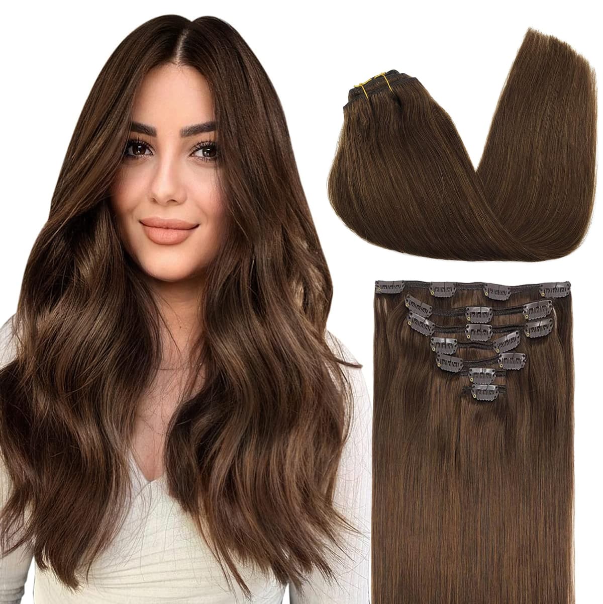 GOO GOO Clip in Hair Extensions Human Hair, 18inch 150g 9Pcs, #2 Dark Brown, Hair extensions for women, Human Hair Extensions Clip in — view 13
