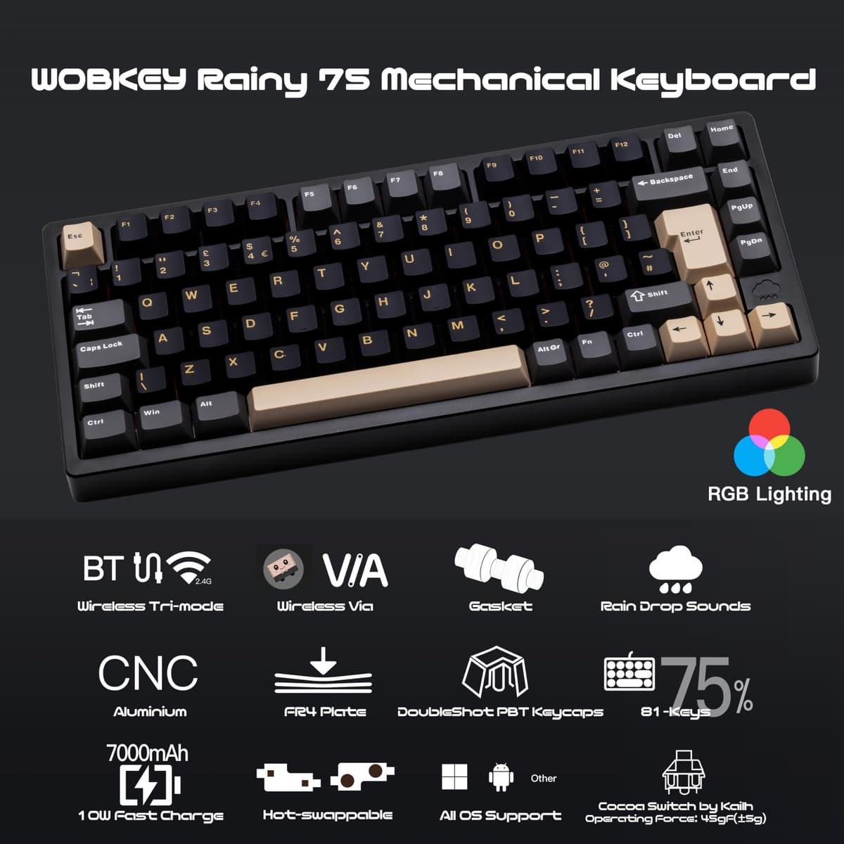 WOBKEY Rainy 75 Aluminum Cocoa Switch Mechanical Keyboard with Superior Acoustics, Wired, BT, 2.4G wireless Connectivity (Pro - Black(UK-ISO)) — view 2