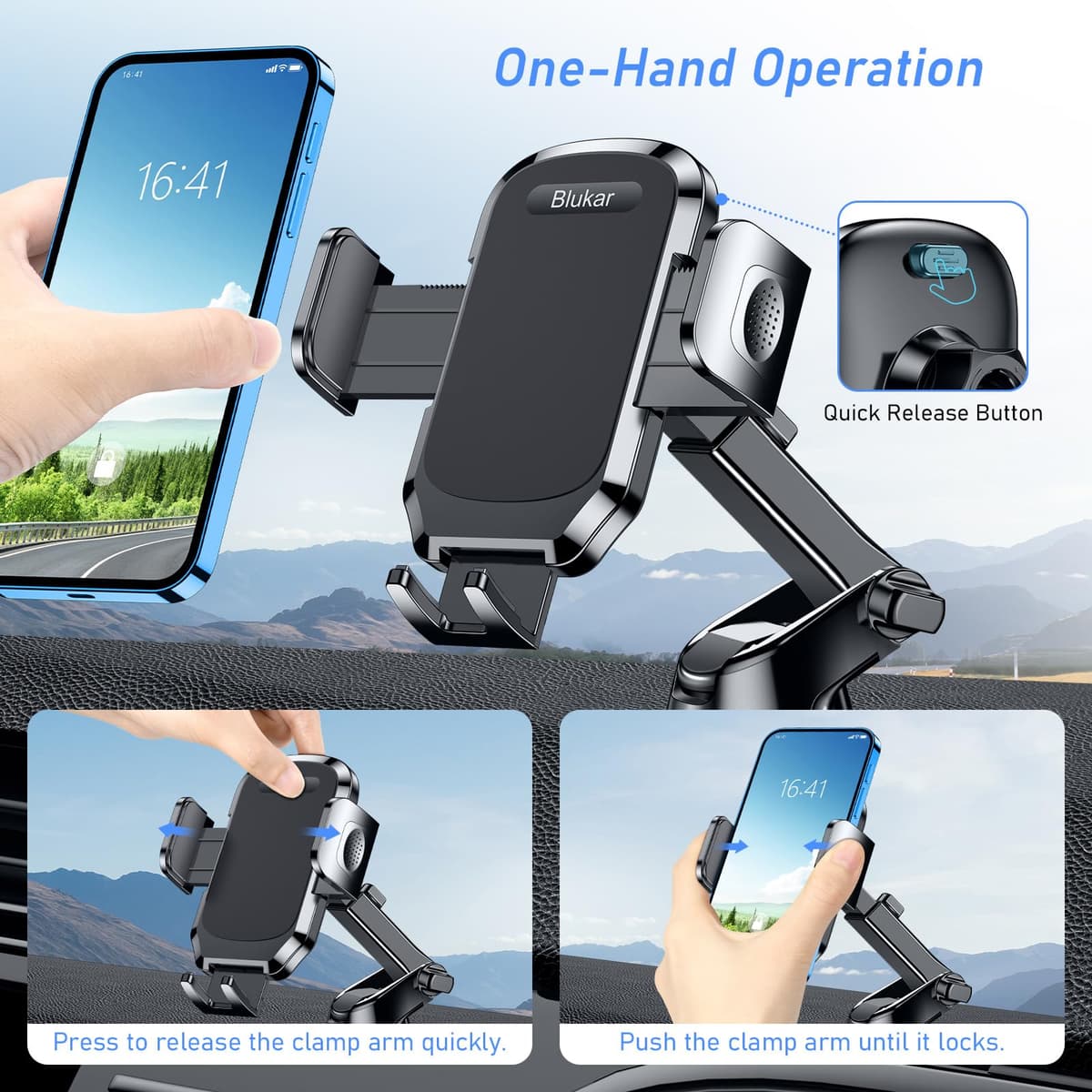 Blukar Car Phone Holder, Adjustable Car Phone Mount Cradle 360° Rotation - Upgraded Strong Sticky Gel Pad for Dashboard/Windscreen - One Button Release Mobile Accessories for All 4.0''-6.7'' Phones — view 6
