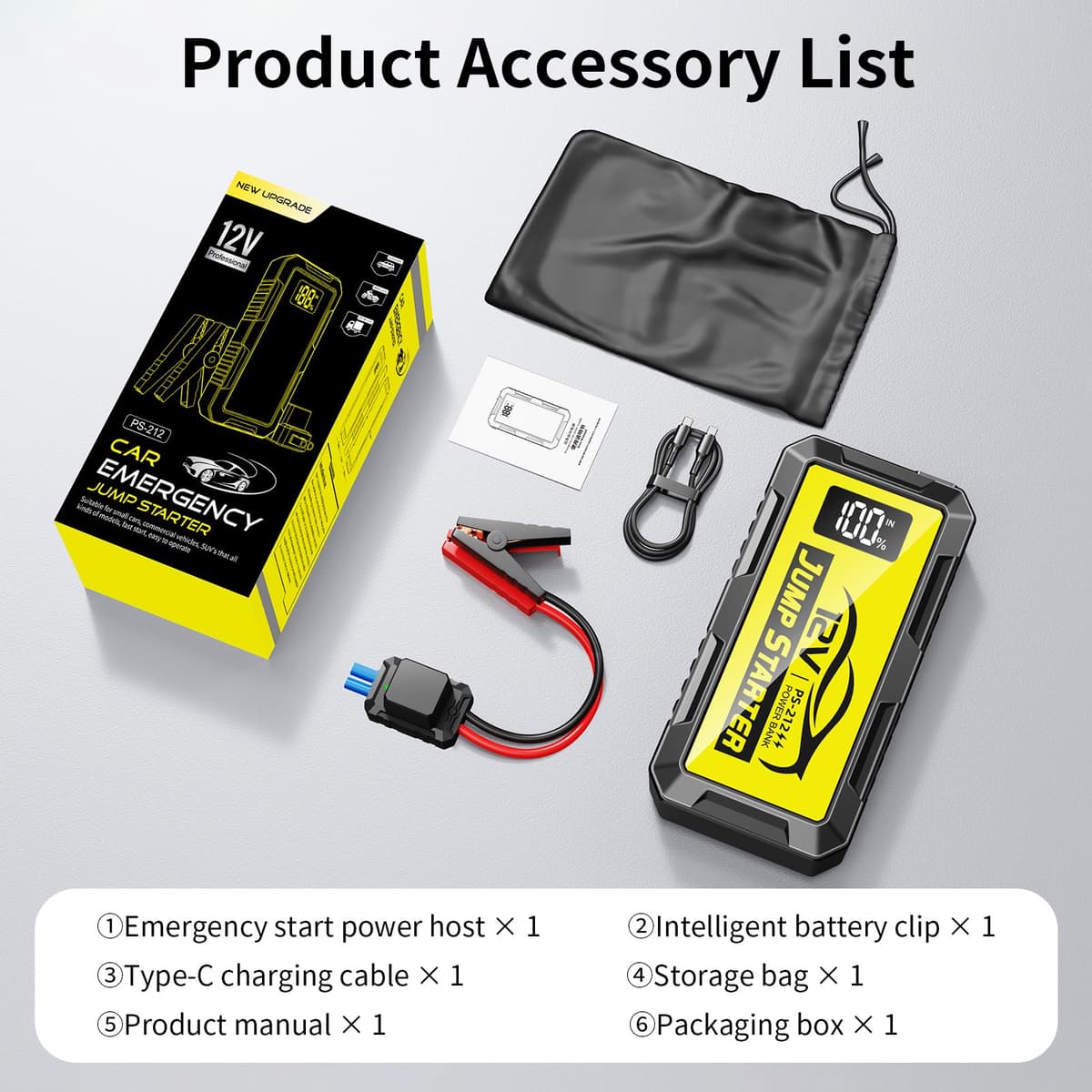 PSOOO Jump Starter 12V 8000A Power Pack Car Battery Pack (up to 10.0L Gas or 8.5L Diesel Engine) Jump Cable with Smart Clip and LED light (Yellow) — view 5