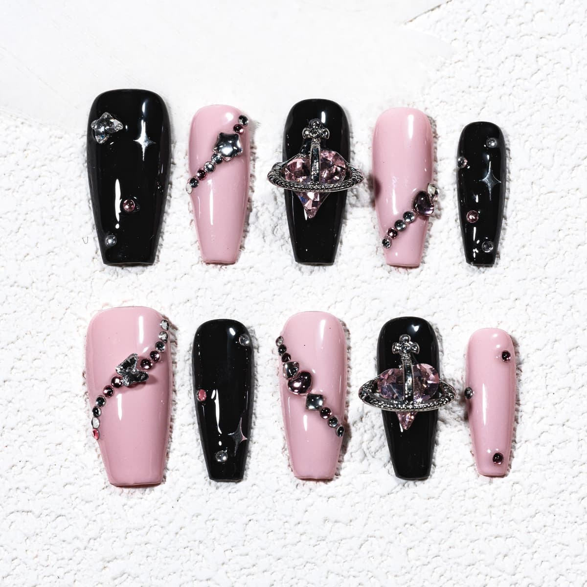 Sun&Beam Nails Handmade Press On Nail Long Coffin Ballerina Pink Flower Acrylic Fake Tip 3D Design Art Charms Cute with Storage Box 10 Pcs (S) — view 307