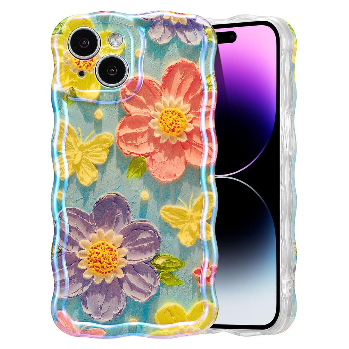 EYZUTAK Case for iPhone 16, Colorful Retro Oil Painting Printed Flower Laser Glossy Pattern Cute Curly Wave Edge Exquisite Phone Cover Stylish Durable TPU Protective Case for Girl Women-Green — view 59
