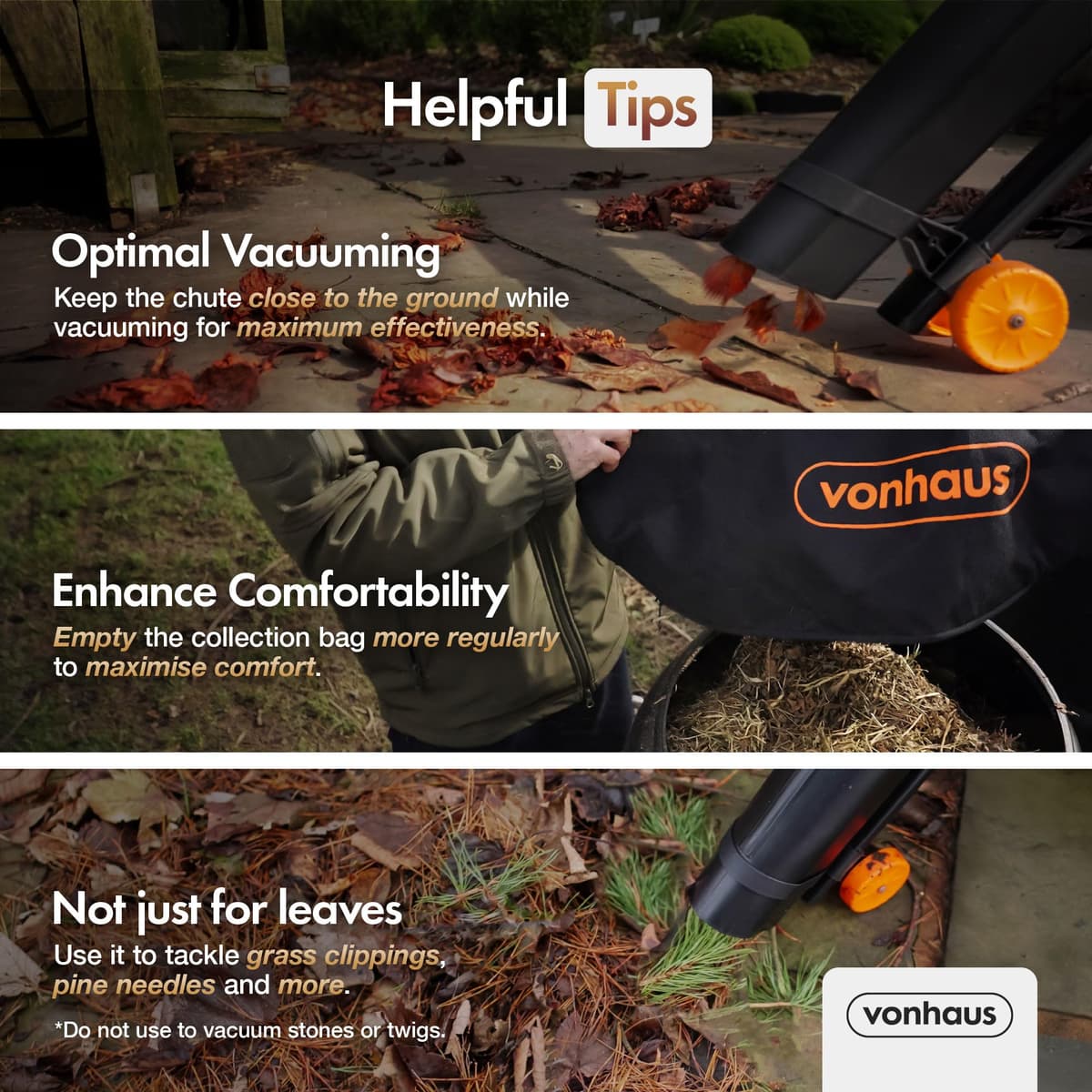 VonHaus Leaf Blower and Vacuum 3000W – Corded Leaves Collector, Clear Gardens, Patios, Gutters, Driveways & More – Lightweight, 10m Cable, Shoulder Strap, Wheels, 35L Collection Bag – 3 Year Warranty — view 3