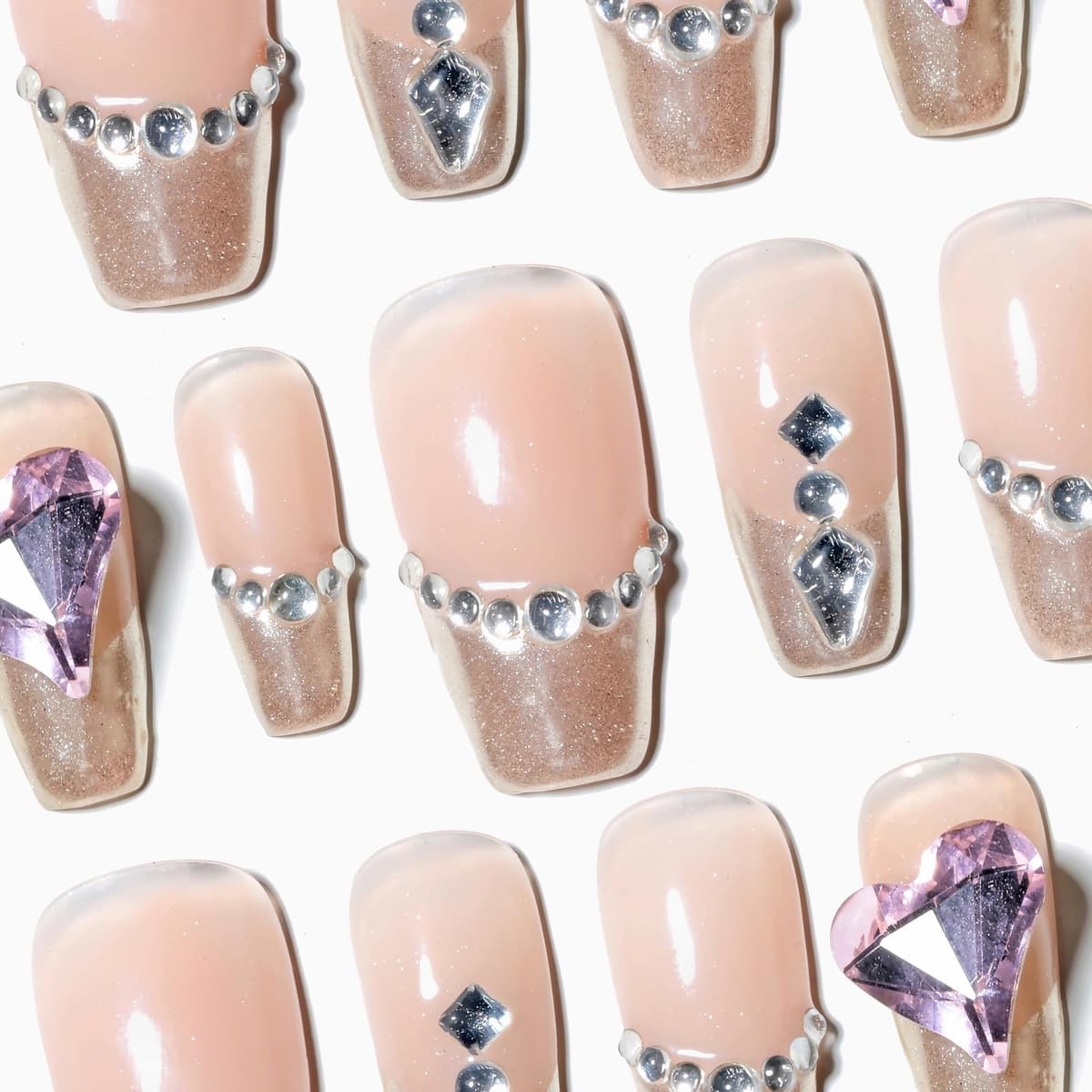 Sun&Beam Nails Handmade Press On Nail Long Coffin Ballerina Pink Flower Acrylic Fake Tip 3D Design Art Charms Cute with Storage Box 10 Pcs (S) — view 286