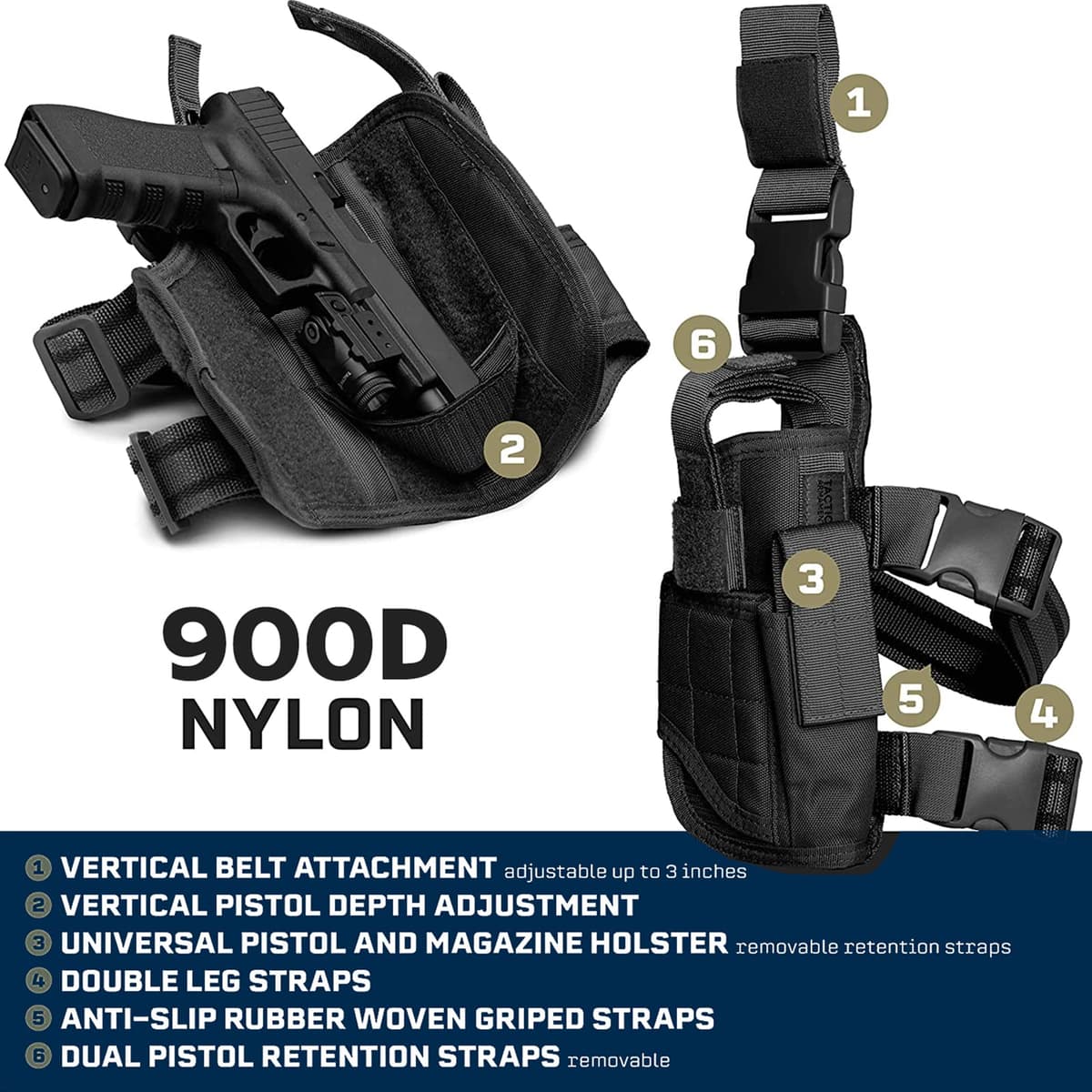 Funda Táctica para Pierna, Funda para Muslo, Funda para Pistola Militar para Exteriores, Funda para Pistola de Nailon 900D, Arnés de Pierna Ajustable para Pistolas Glock Grandes y Medianas — view 3