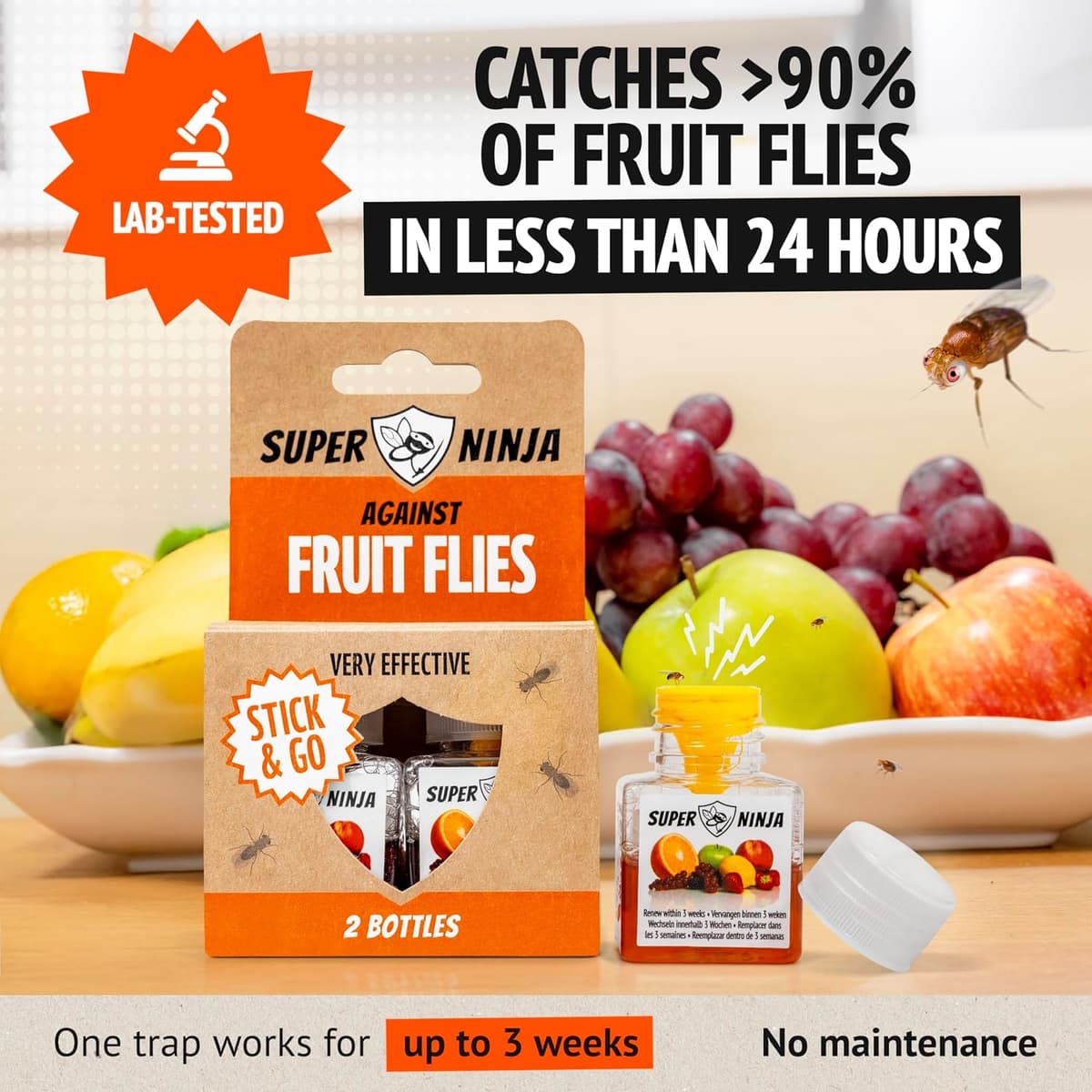 Super Ninja Fruit Fly Trap - 1 pack, Highly Effective Fruit Fly Killer for Home & Kitchen, Up to 3 Weeks of Performance per Bottle, Child & Pet Friendly 1 Trap