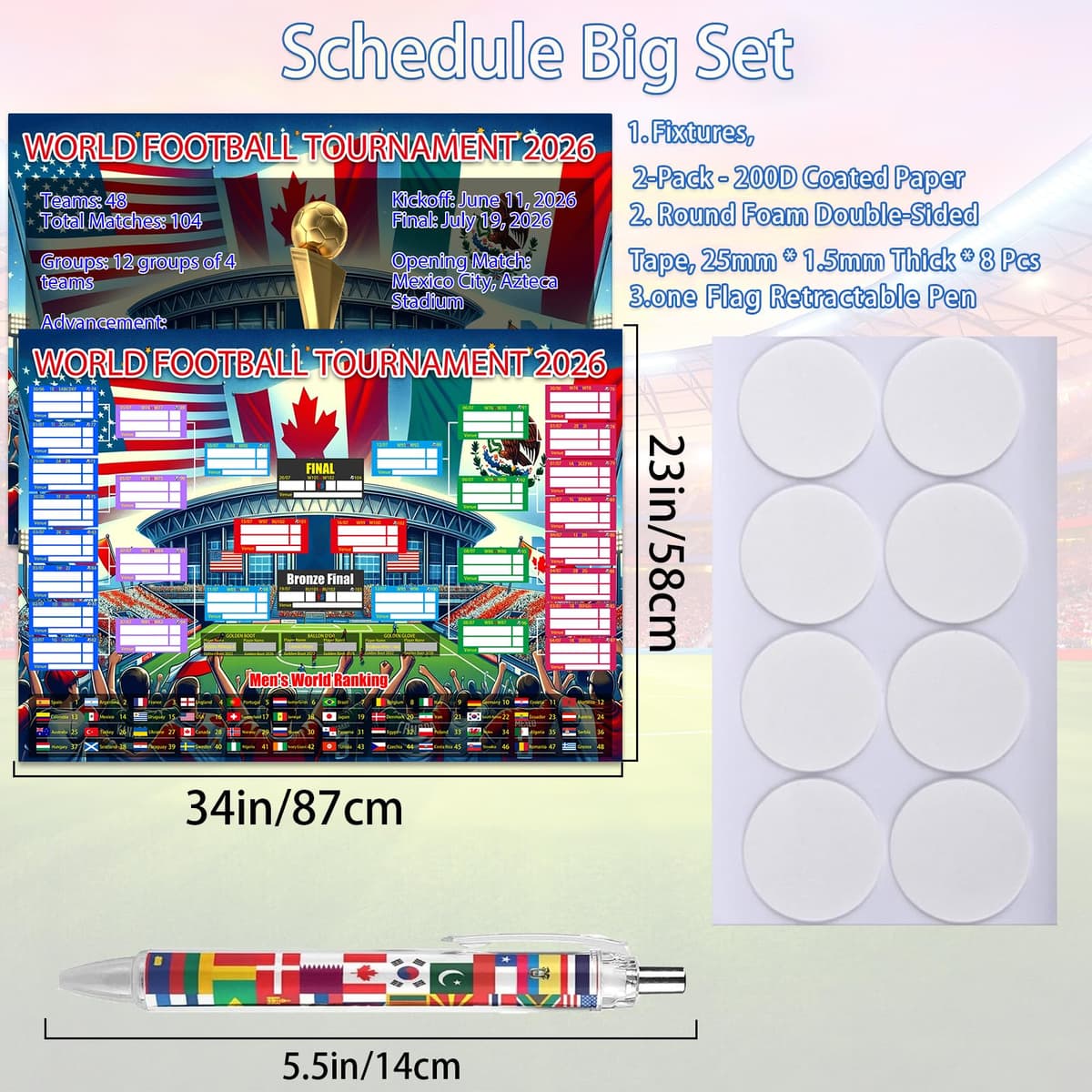 2PCS World Cup Football 2026 Interactive Foldable Poster 2026 World Cup Ball Competition Schedule Includes 8 Double Sided Adhesive Rings And A Flag-Themed Ballpoint Pen Fan Gifts Bar Display 87x58cm — view 2
