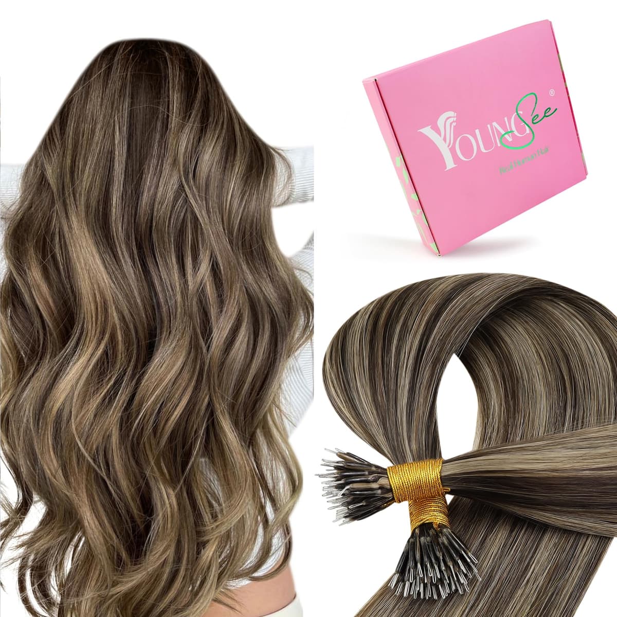 YoungSee Nano Hair Extensions Blonde 16inch Nano Beads Hair Extensions Warm Ash Blonde Highlight Bleach Blonde Nano Ring Hair Extension Highlight for School Soft Cold Fusion 50s 50g — view 25