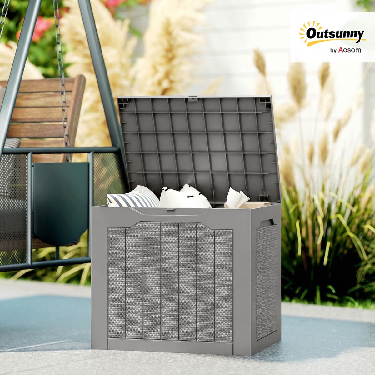 Outsunny 93L Plastic Garden Storage Box, Outdoor Storage Box with Handles, Waterproof Outdoor Storage Container for Garden Tools and Accessories, Khaki — view 2