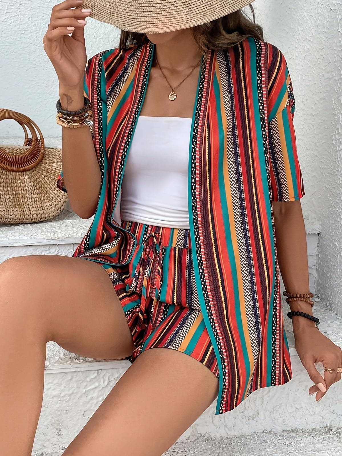 Conjunto de 2 piezas para mujer, talla grande, con estampado tropical, kimono y pantalones cortos — view 4