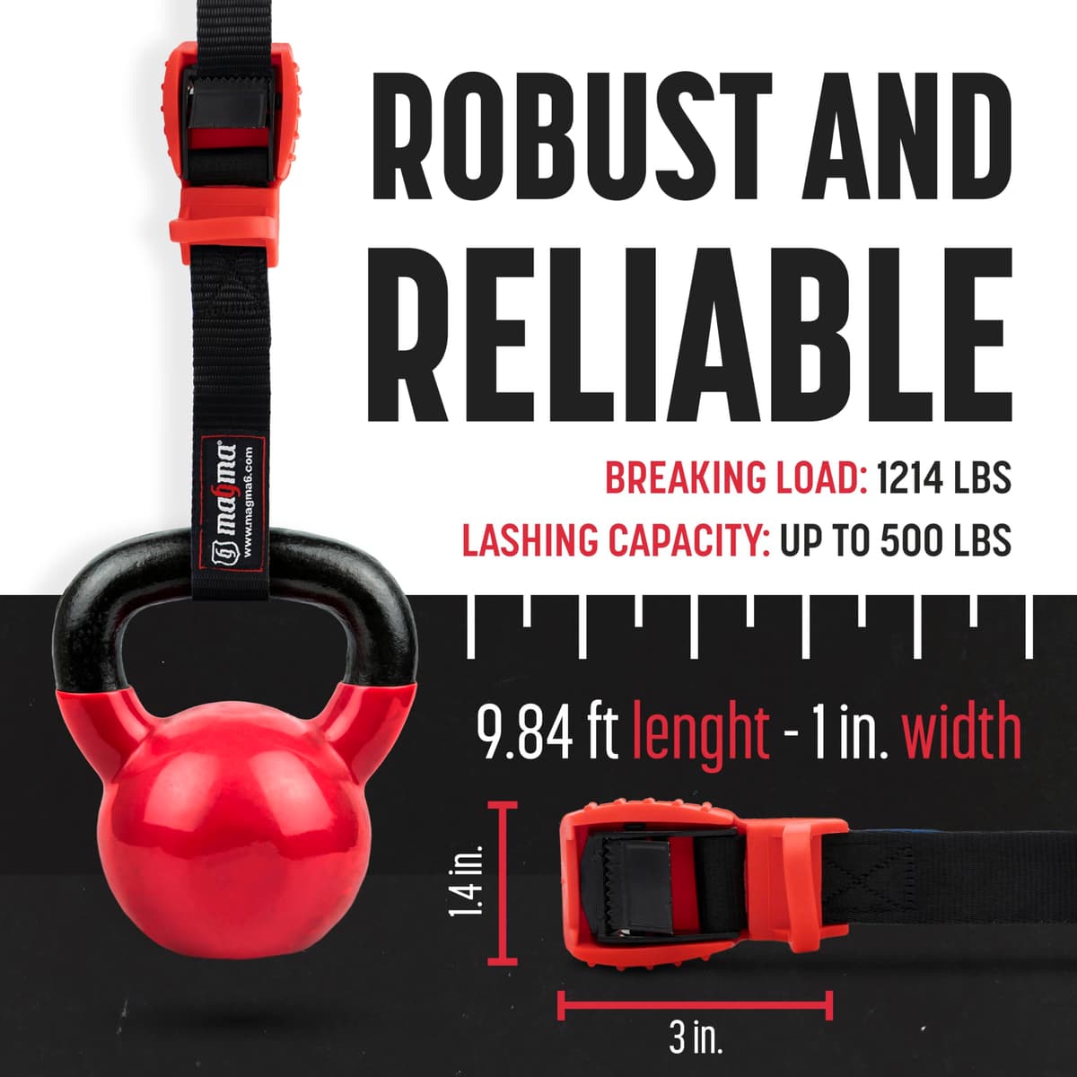 MAGMA Pack 2 Cinchas de Amarre de 3m | Correas para Baca Coche y Portabicicletas. Surf, Bici, Kayak, Moto | Hebilla -Trinquete con Protección de Goma para no rayar | Carga Segura - SWL: 250kgf Rojo — view 3