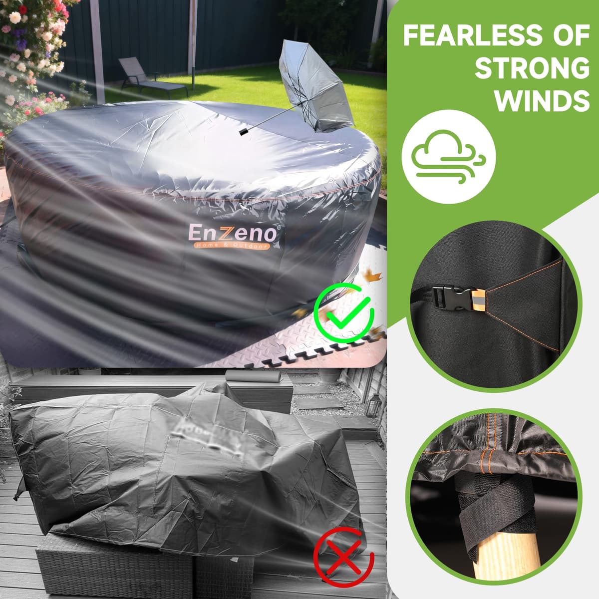 Enzeno Garden Table covers with Vents, Garden Furniture Cover,Round Outdoor Patio Covers 420D Oxford Fabric Large Patio Set Cover Heavy Duty Waterproof Ripstop with 4 Windproof VelcroStraps,230x100cm — view 4