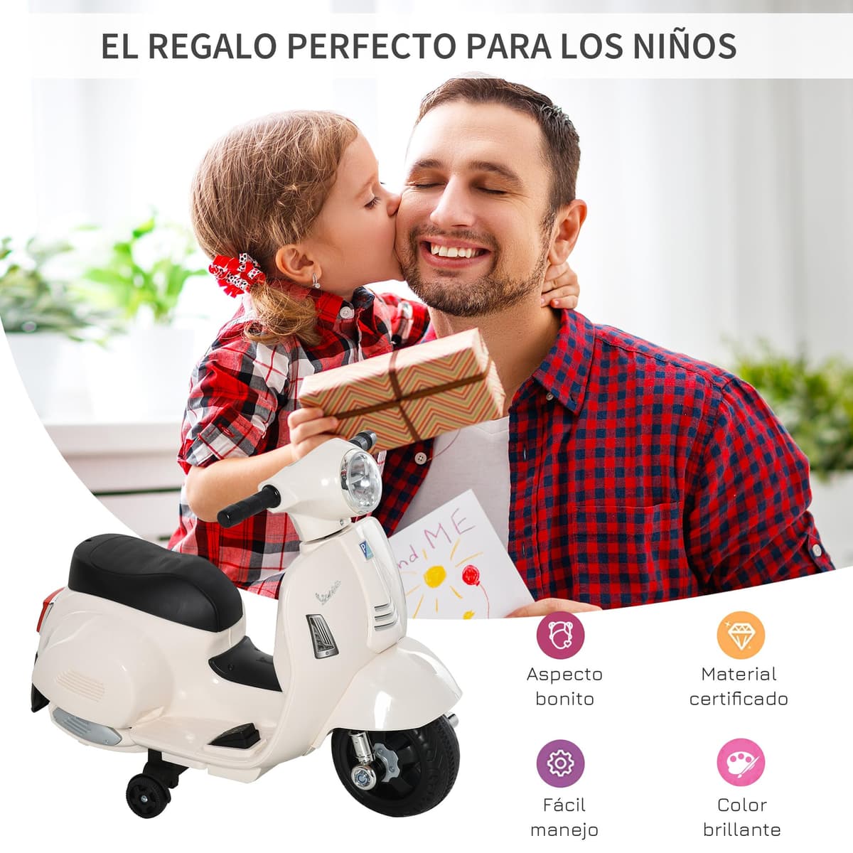 HOMCOM Moto Eléctrica Vespa para Niños de 18-36 Meses Moto de Batería 6V con Faro Bocina y 4 Ruedas Motocicleta Infantil con Licencia 66,5x38x52 cm Blanco — view 3