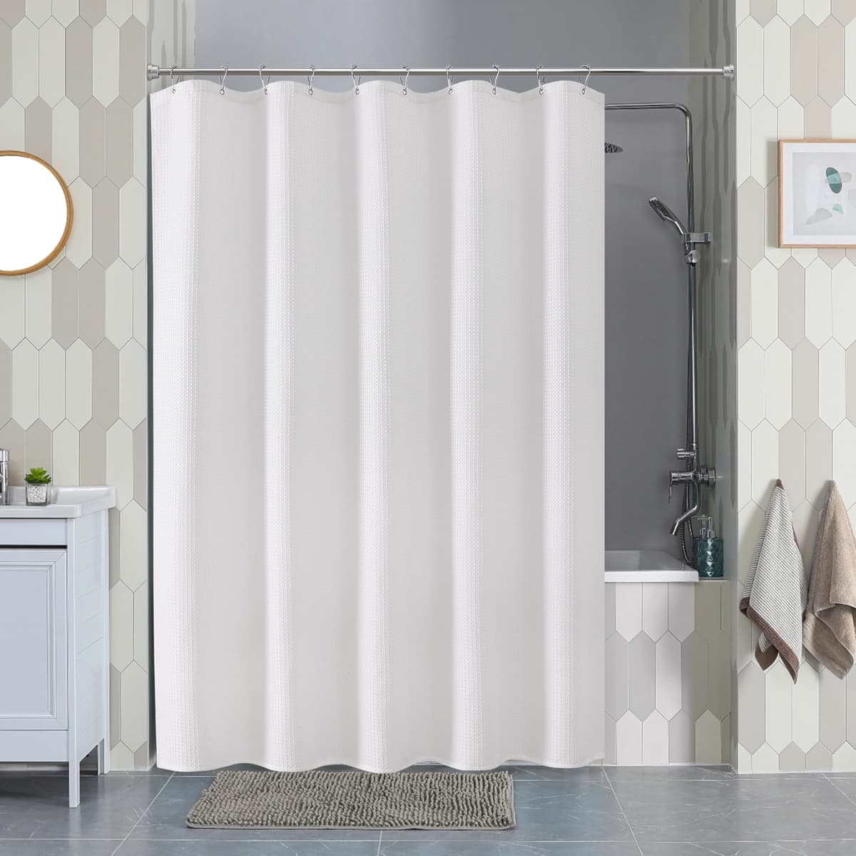 Cortina de Ducha para Baño Impermeable con Ganchos de Metal Cortina de Ducha de Tela Waffle Cortina de Baño Resistente y Antimoho para Bañera o Cabina - 152 x 182 cm (Blanco) — view 2