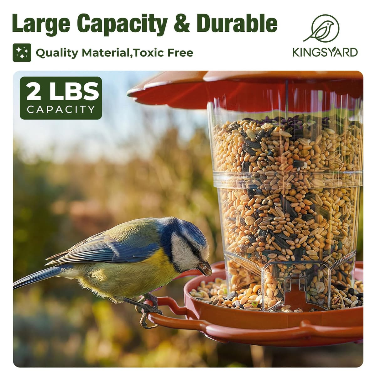 Kingsyard Bird Feeder for Outside Outdoors Hanging, Adjustable Hopper Feeders with Wide Seed Tray and Rainproof Roof, Wild Birds Feeder for Garden Backyard Decoration, 1 pack, Brown — view 4